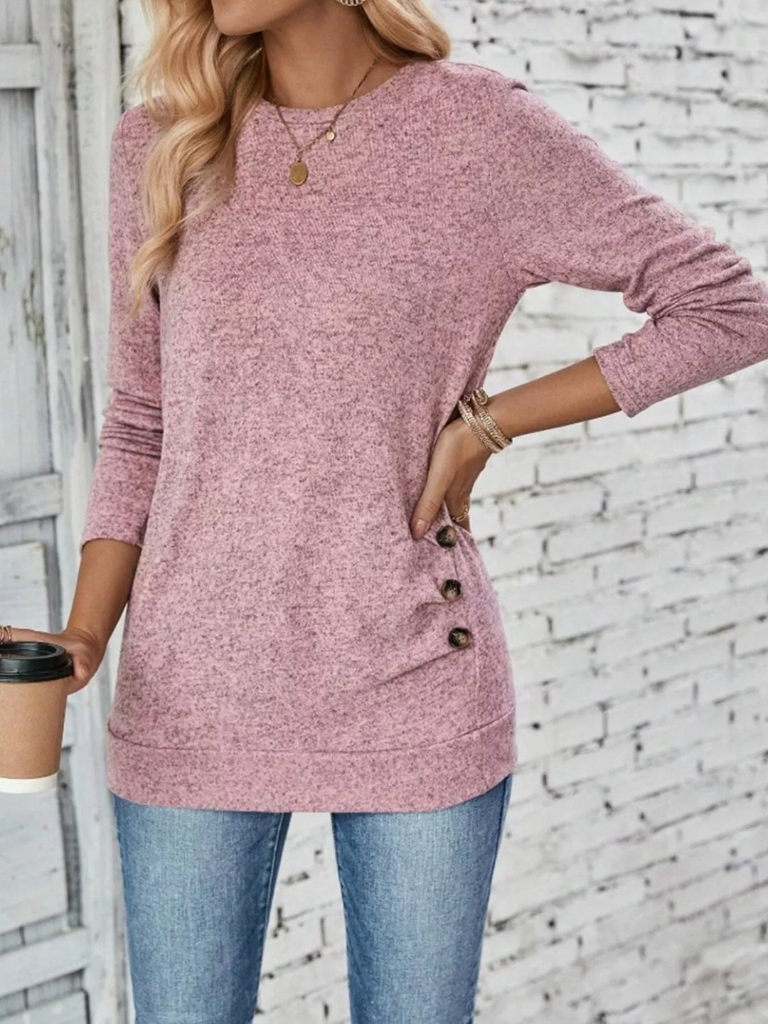 Pink Decorative side-button long sleeve knit top