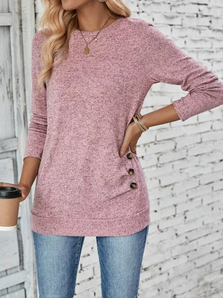 Pink Decorative side-button long sleeve knit top