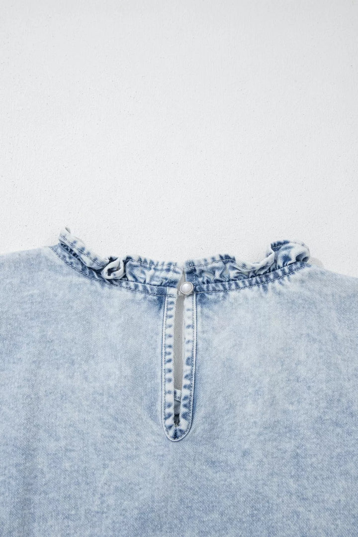 Pintuck pleated denim top with ruffle cap sleeves