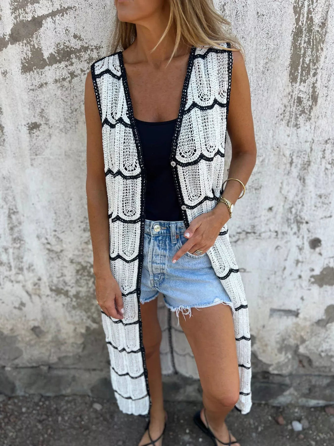 White Sleeveless scalloped crochet longline cardigan