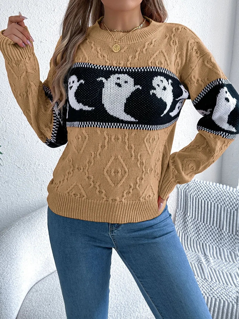 Camel Ghost knit crew neck sweater with cable textured sleeves
