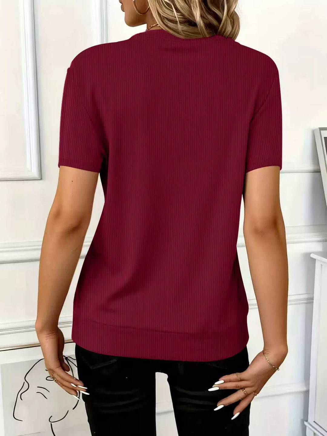 Ribbed half-zip short sleeve top with O-ring pull