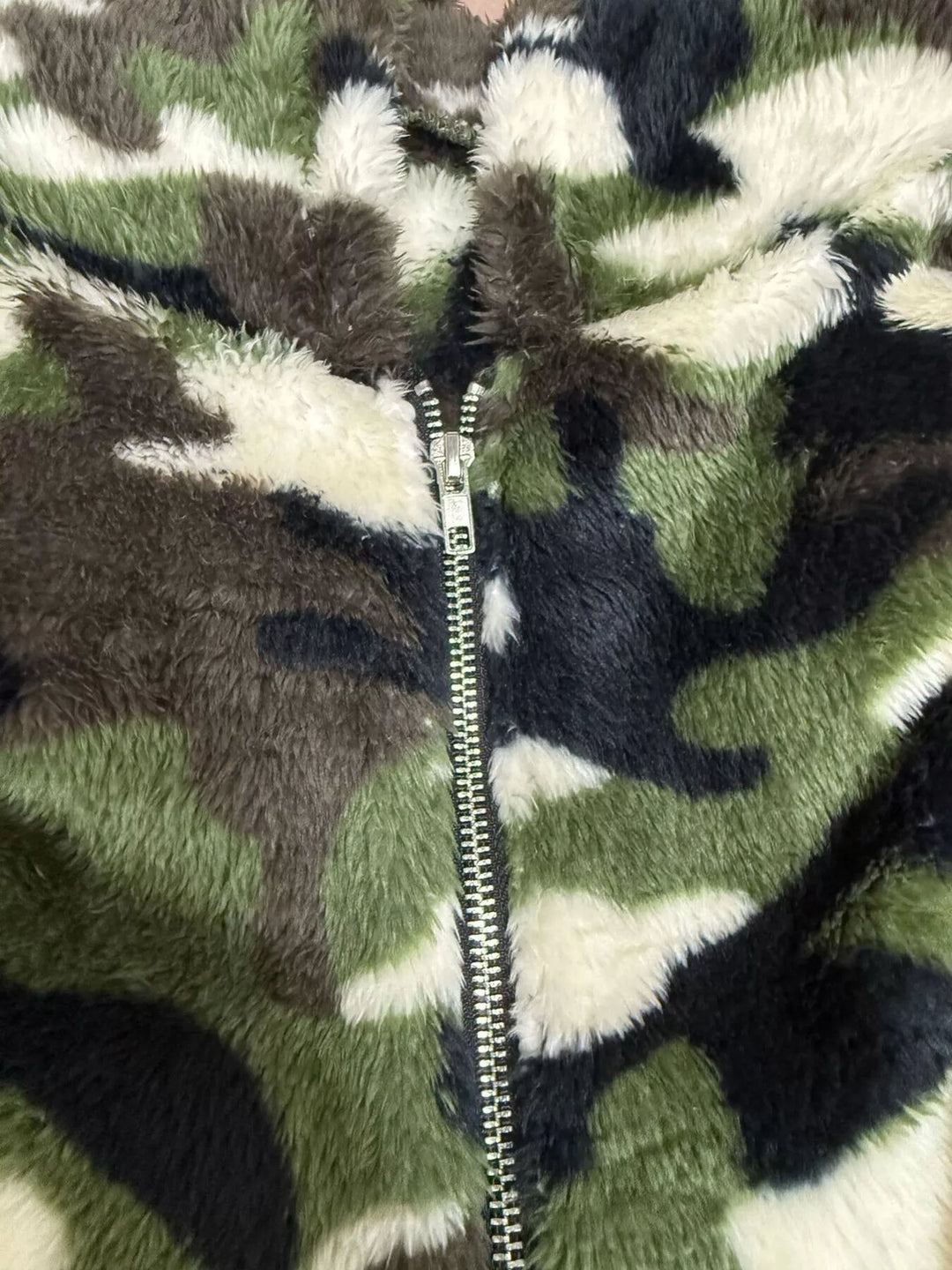 Cropped fuzzy camo zip-up fleece hoodie jacket