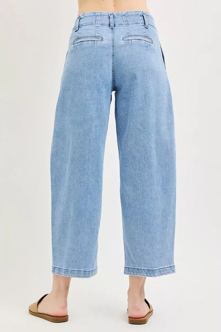 High-rise pleated cropped barrel-leg jeans