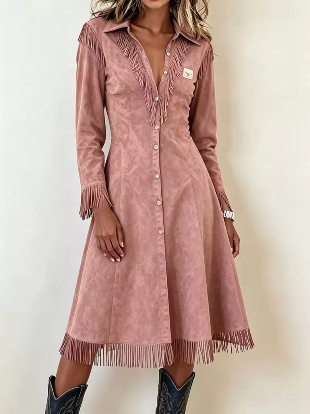 Dusty Pink Fringe-trim faux suede button-down midi shirt dress