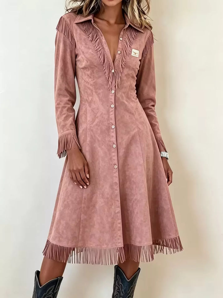 Dusty Pink Fringe-trim faux suede button-down midi shirt dress