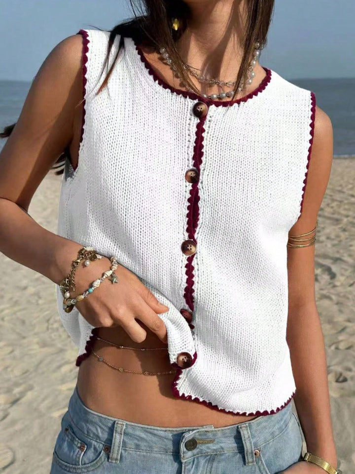 White Button-front knit sweater vest with contrast whipstitch trim