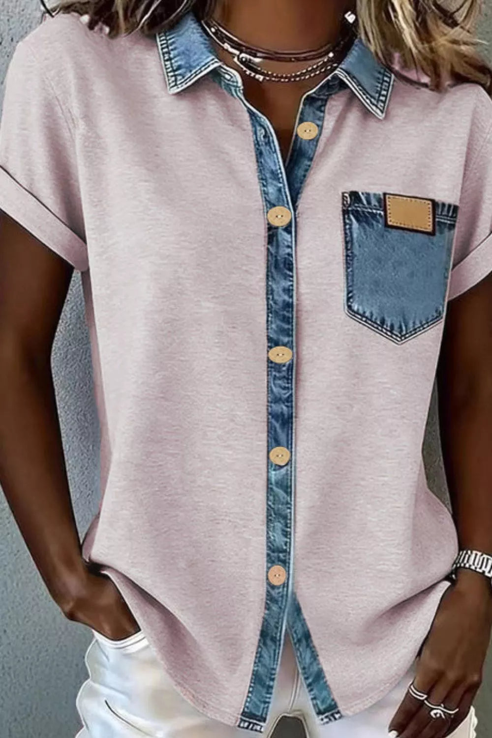 Blush Pink Contrast denim-trim short-sleeve button-down shirt with chest pocket