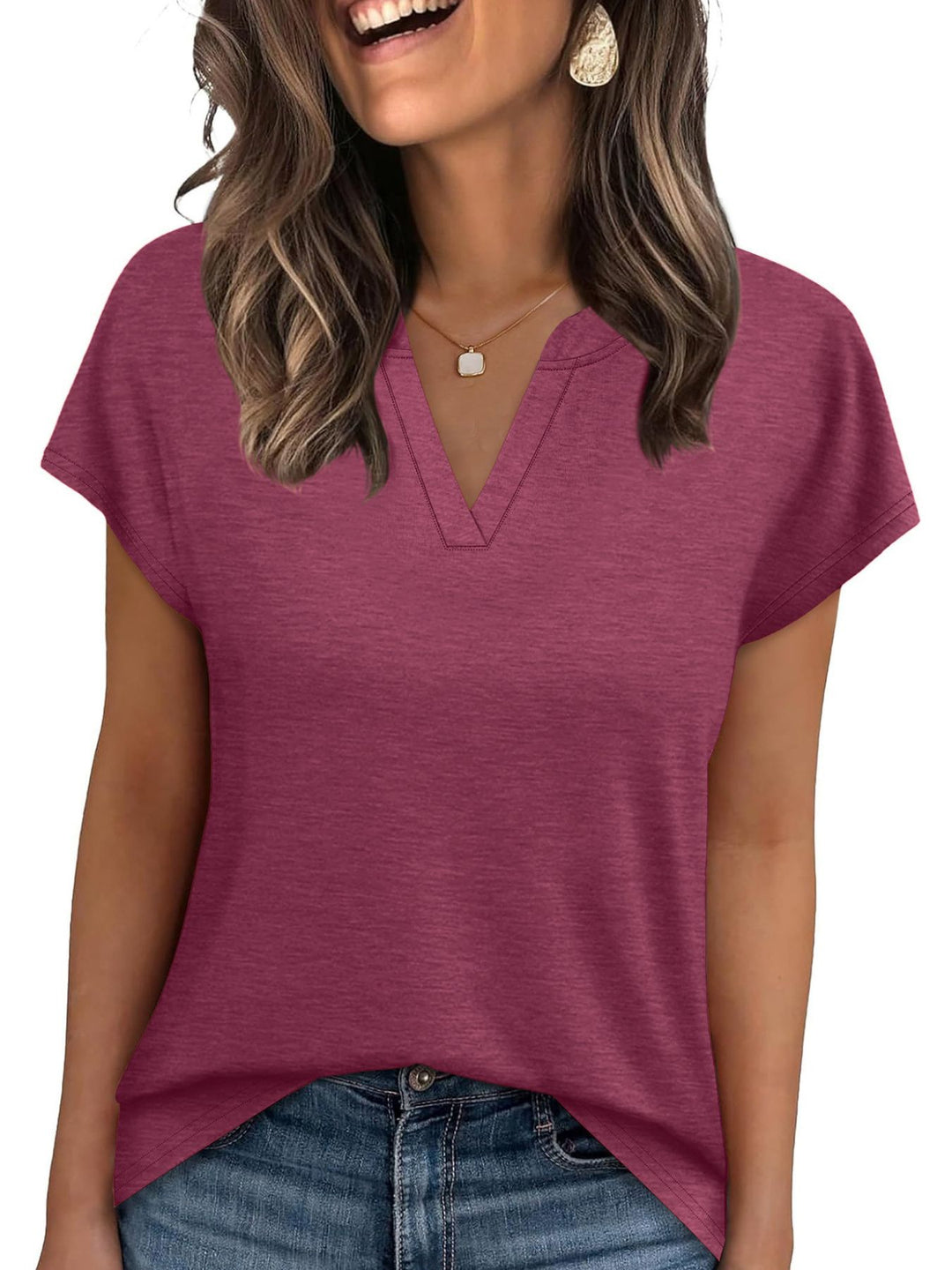 Burgundy Notched V-neck short sleeve relaxed knit top