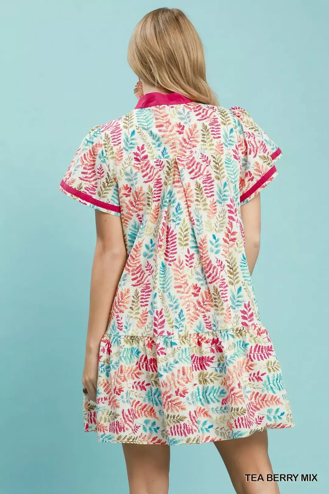 Leaf print flutter sleeve tiered mini dress