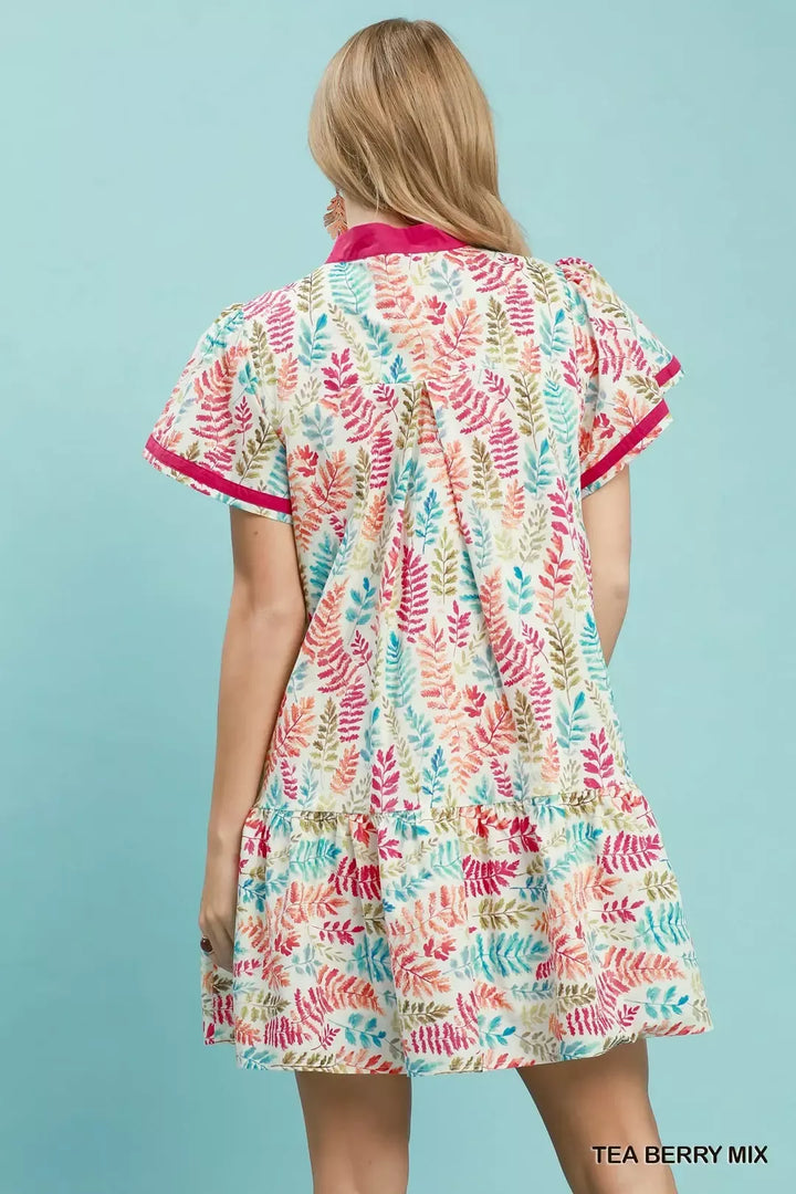 Leaf print flutter sleeve tiered mini dress