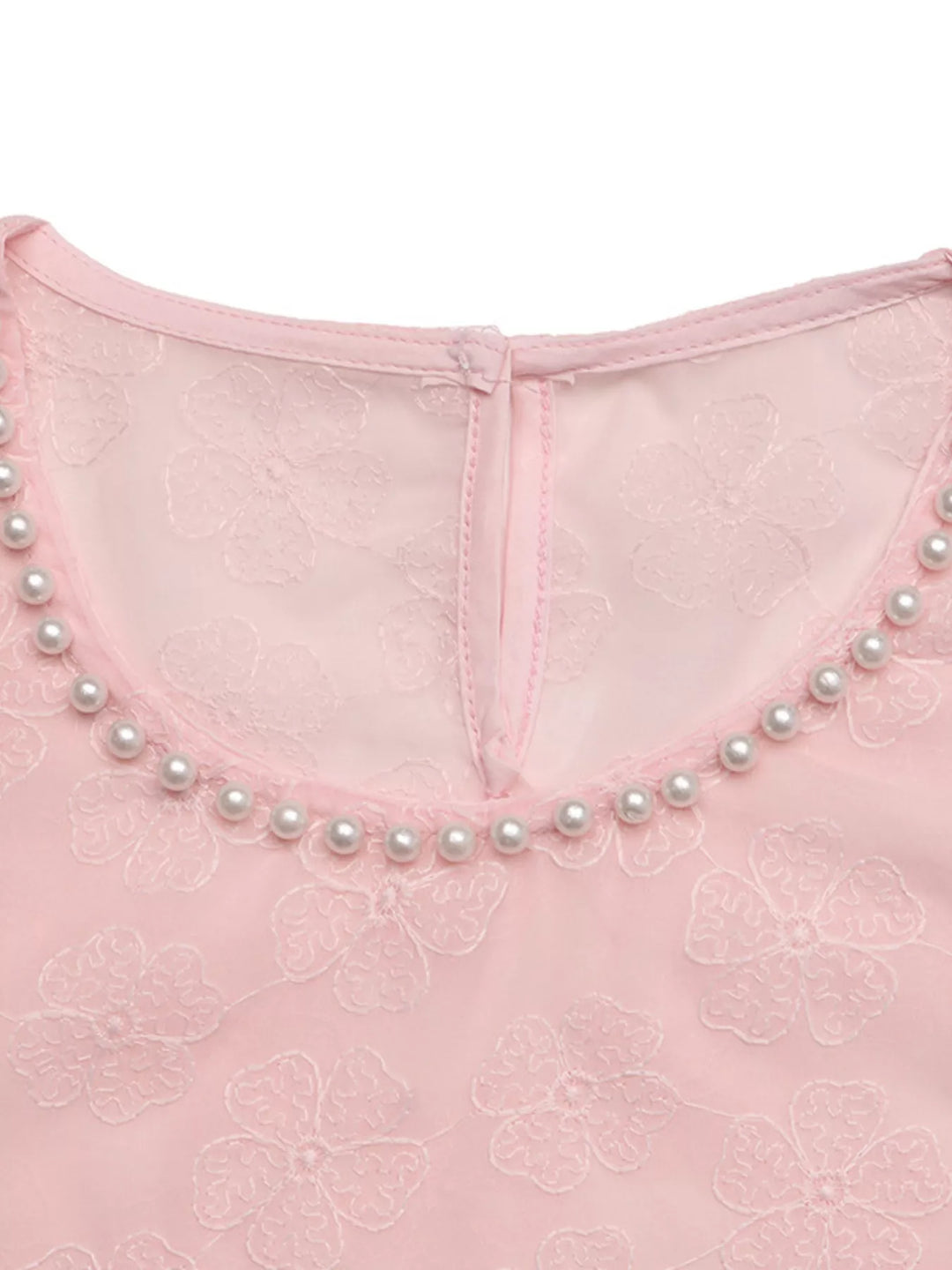 Sheer floral embroidered blouse with pearl-trim neckline