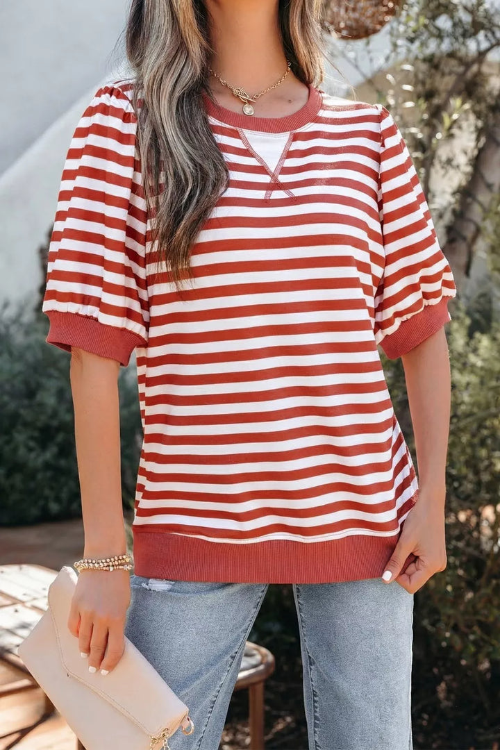 Striped puff sleeve top with crew neck and ribbed hem