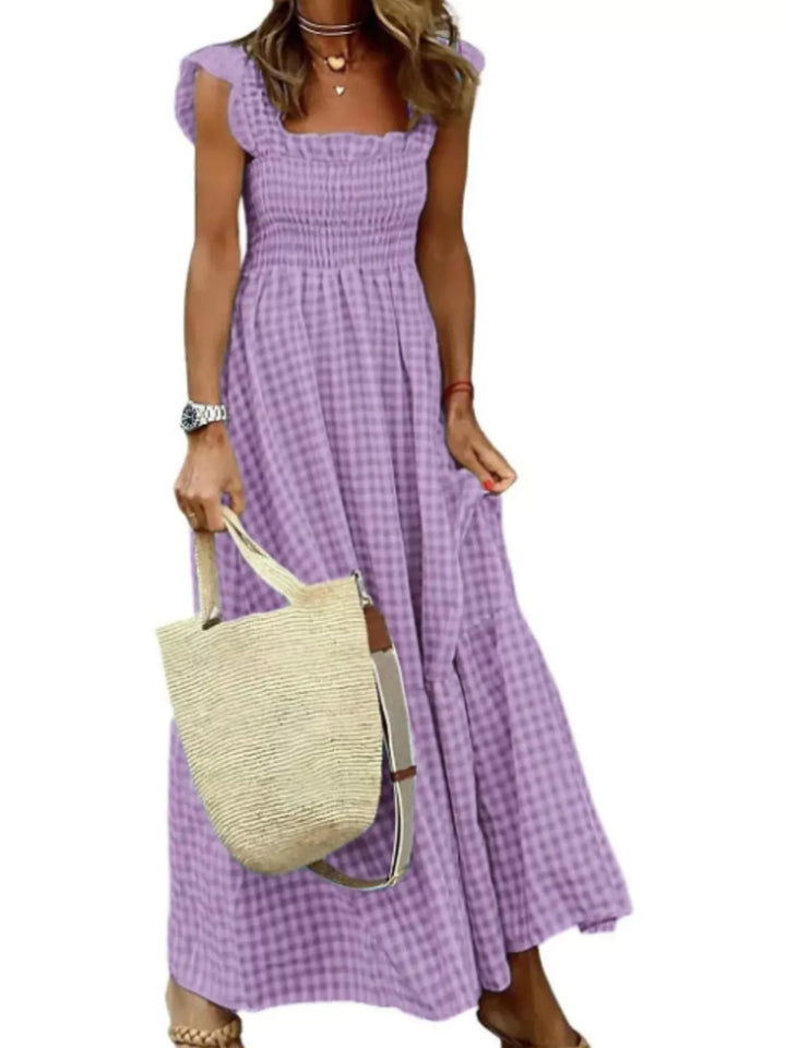 Added Purple Gingham smocked ruffle maxi dress with flutter sleeves