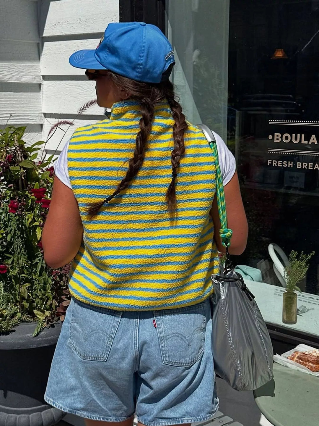 Striped fleece zip-up vest with stand collar