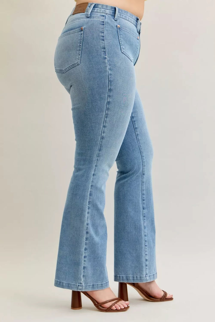 Mid-rise contrast wash bootcut jeans with front patch pockets