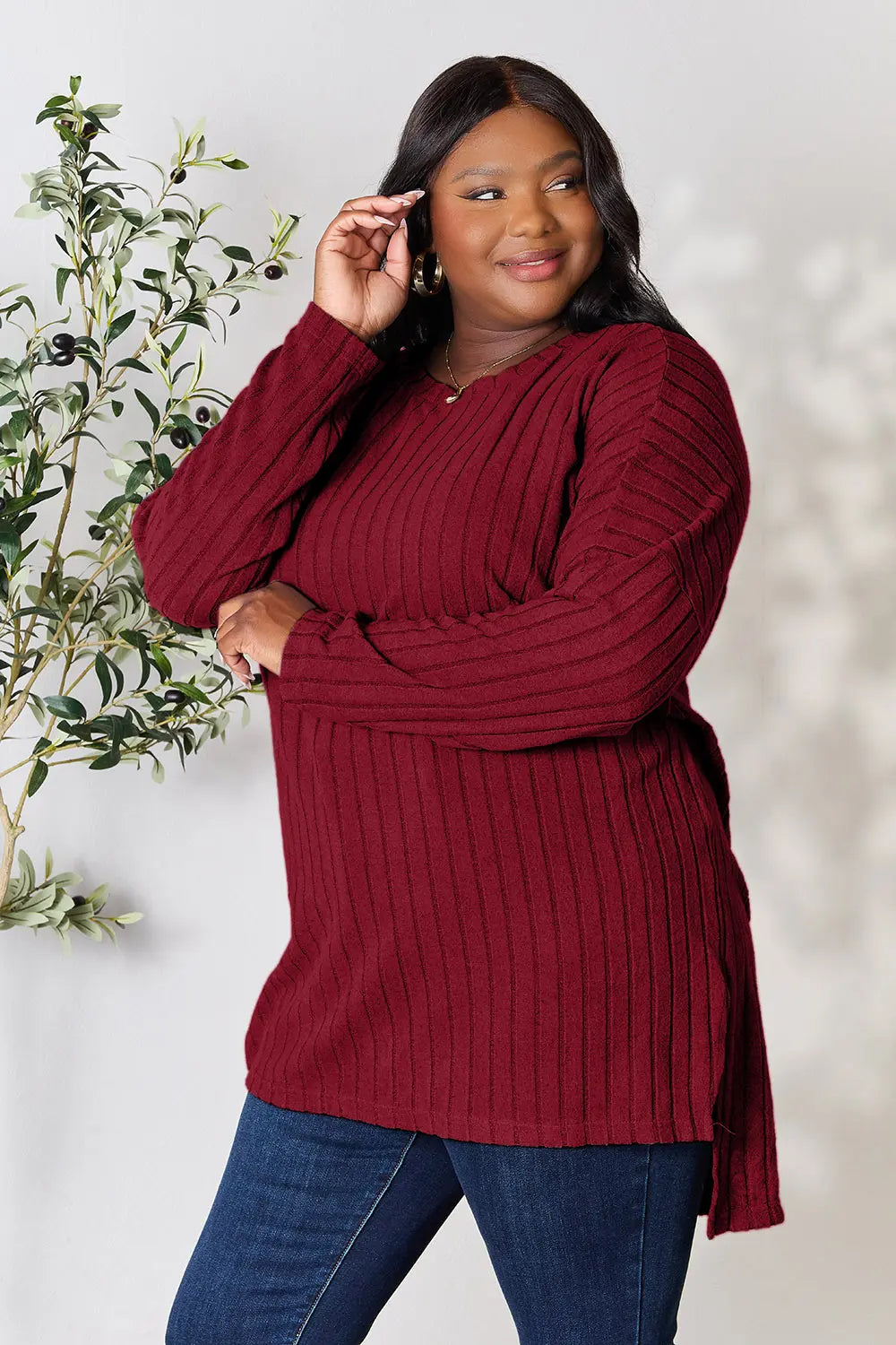 Ribbed knit long sleeve tunic top with side slits