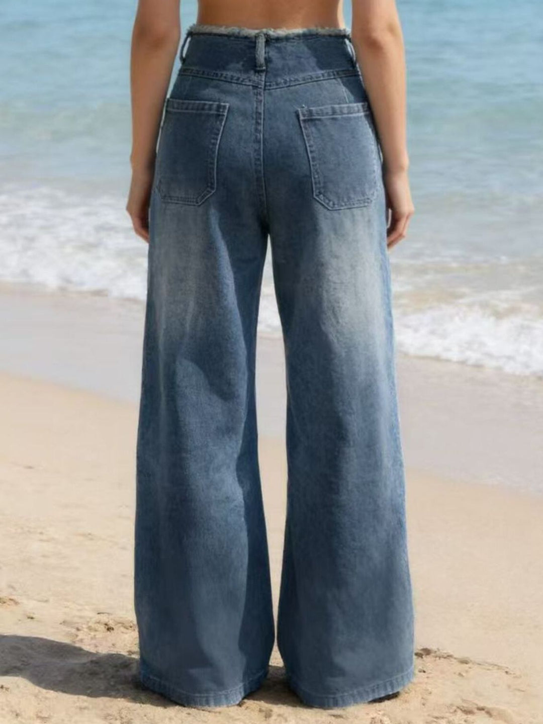 Frayed waistband high-rise wide-leg jeans