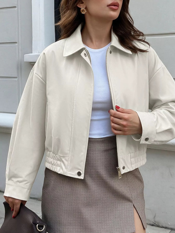 Cropped faux leather bomber jacket with collar and zip front