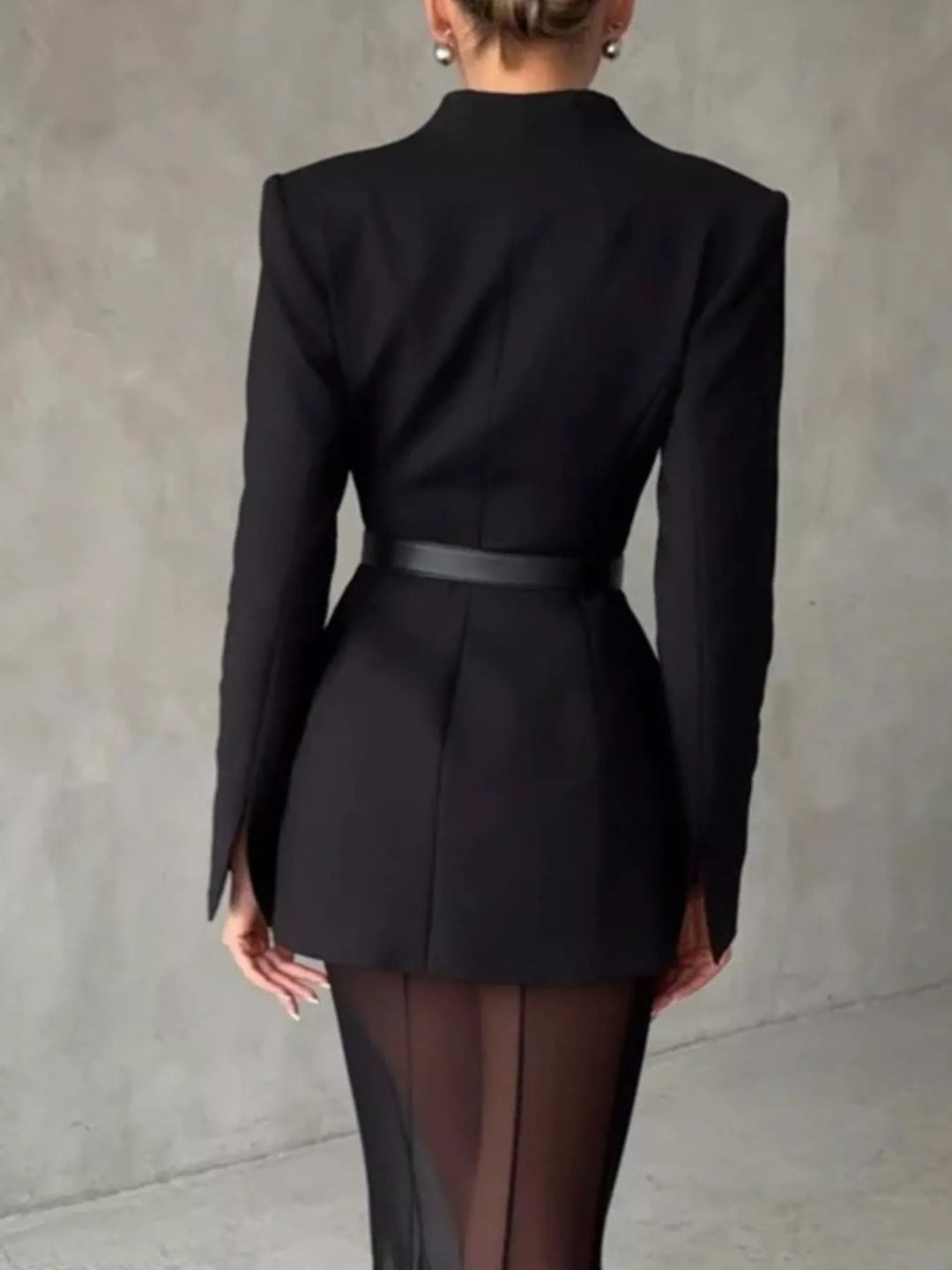 Collarless wrap-front blazer with cinched pleated waist