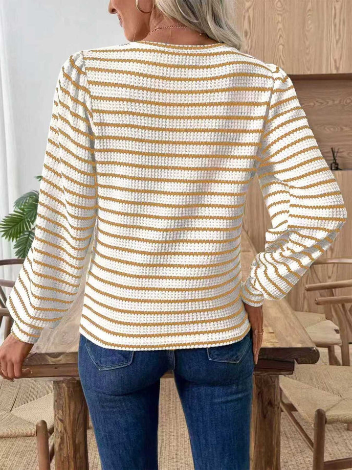 Striped textured knit long sleeve crew neck top