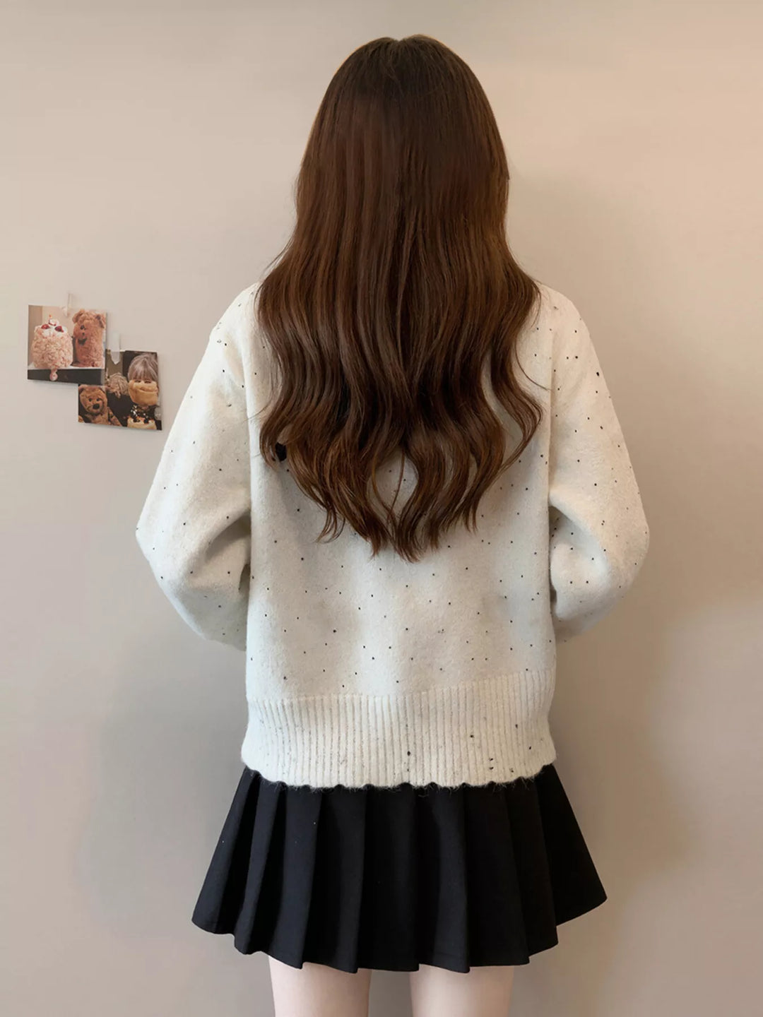 Bow-trim speckled knit cardigan with gold buttons