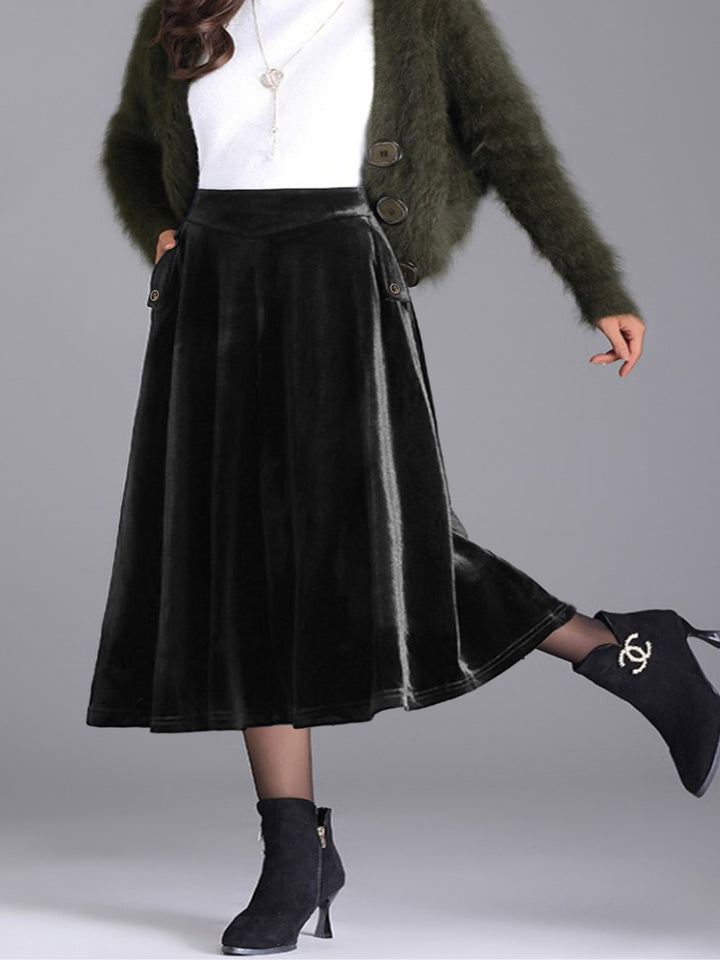 Plus size velvet A-line midi skirt with side pocket