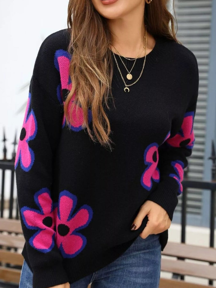Floral crew neck knit sweater with ribbed cuffs