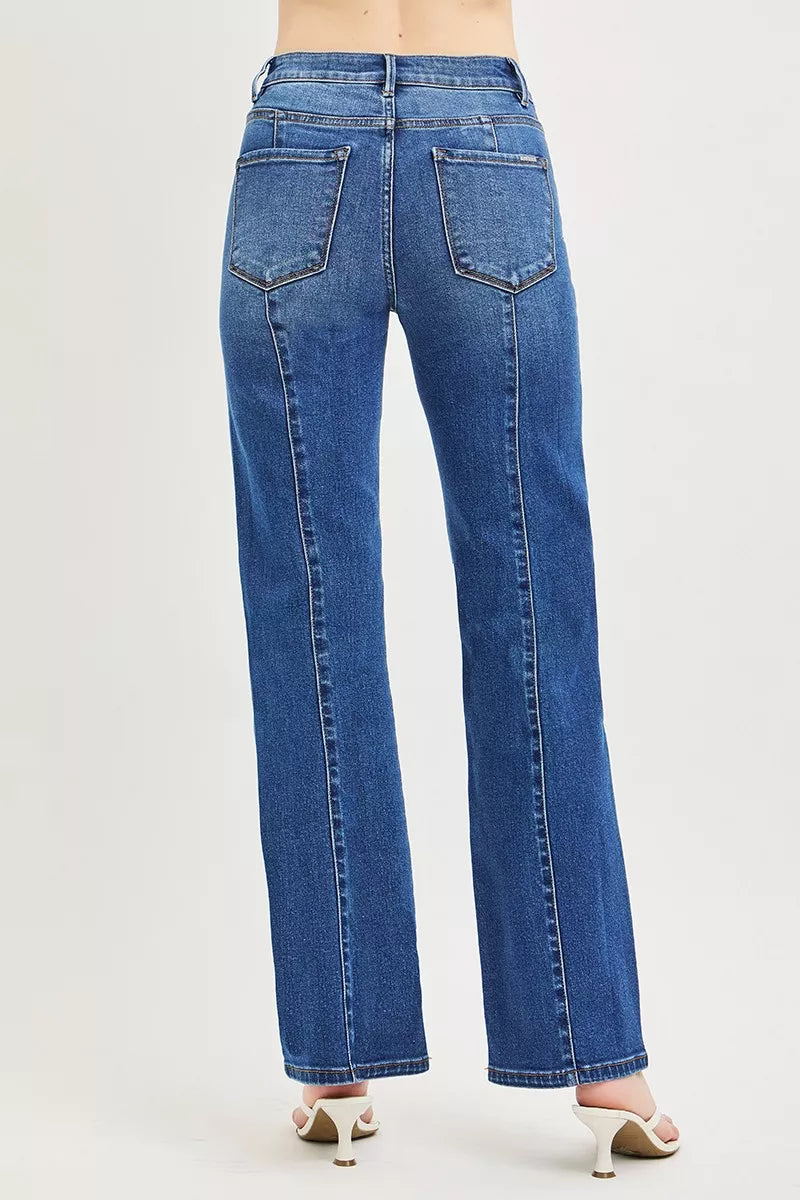 High-rise seamed straight-leg jeans with patch pockets