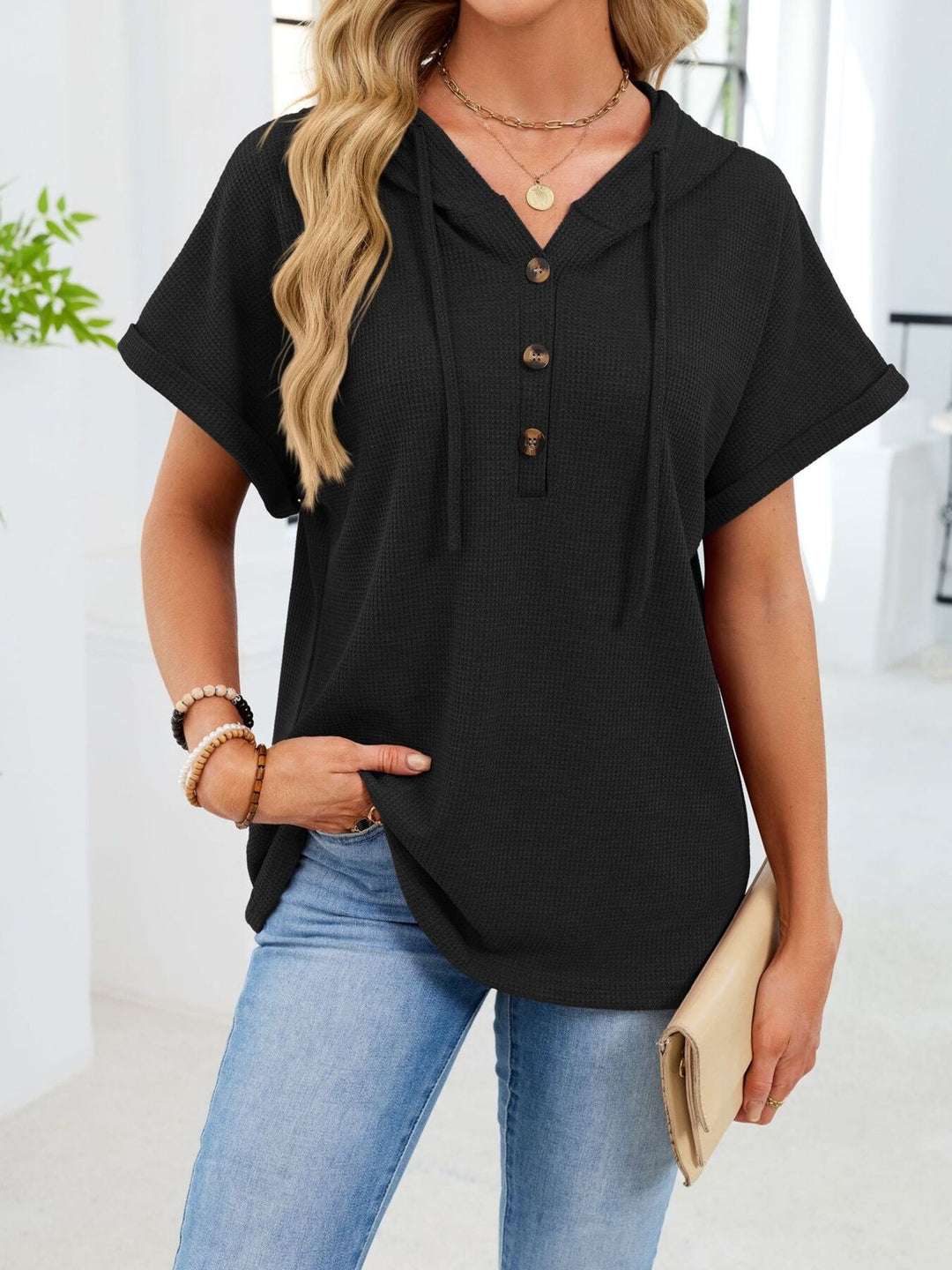 Waffle knit short-sleeve hoodie with button placket