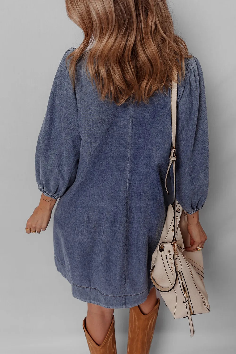 Pintucked tie-neck long sleeve denim mini dress