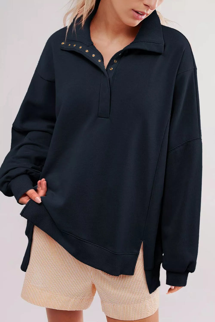 Dark Navy Buttoned collar raw seam high-low baggy sweatshirt with slits