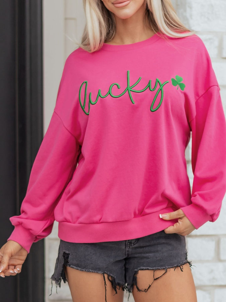 Hot Pink Embroidered lucky clover crewneck pullover sweatshirt