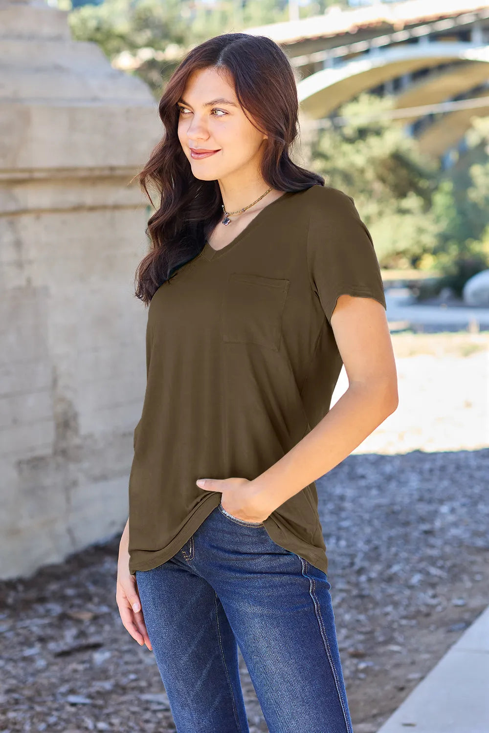 V-neck short sleeve pocket tee with relaxed drape