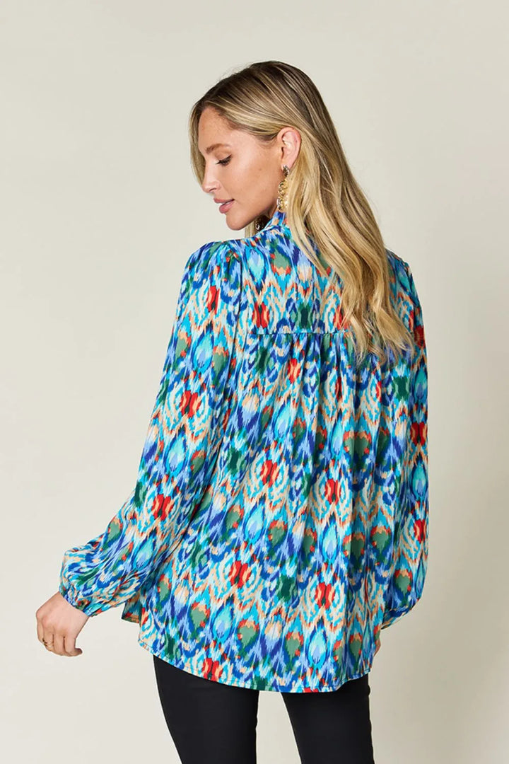 Abstract print balloon-sleeve button-down blouse