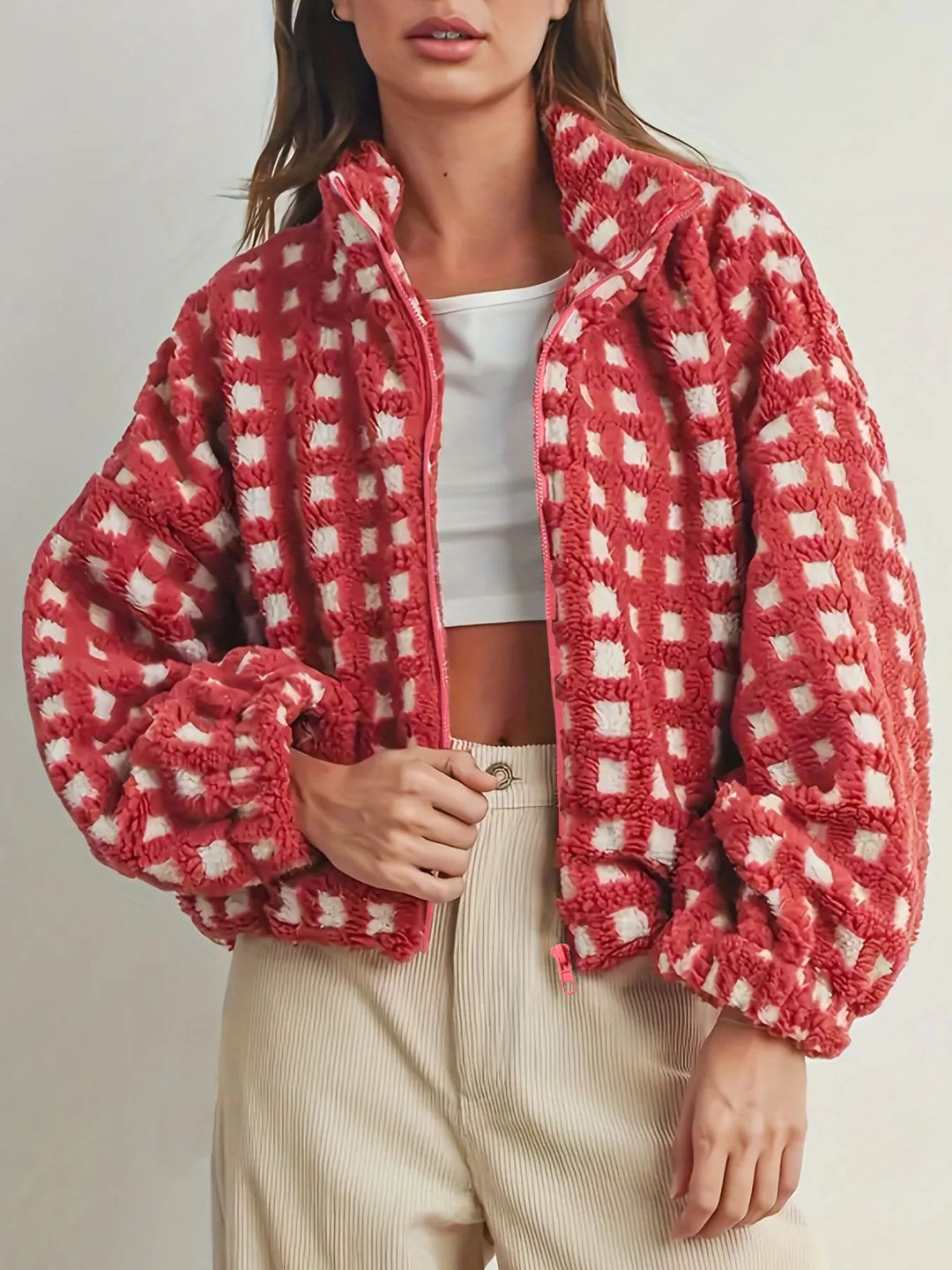 Plaid sherpa zip-up jacket with stand collar and drawstring hem