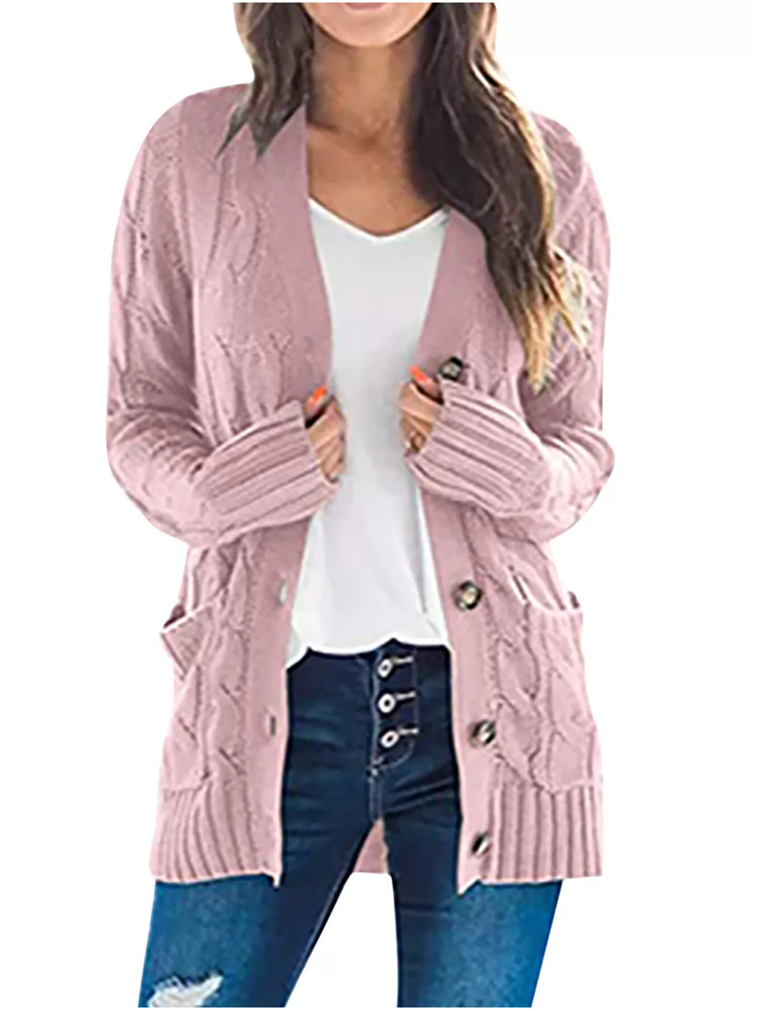 Dusty Pink Chunky cable knit button-down cardigan with pockets