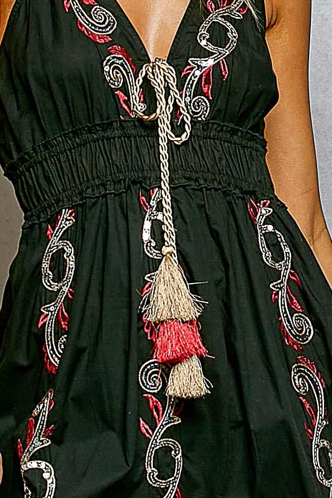 Embroidered tiered midi cami dress with tassel tie