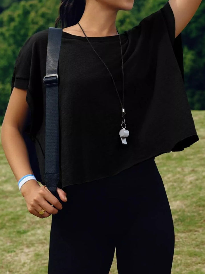Black Cutout back boxy crew neck tee with exposed seams