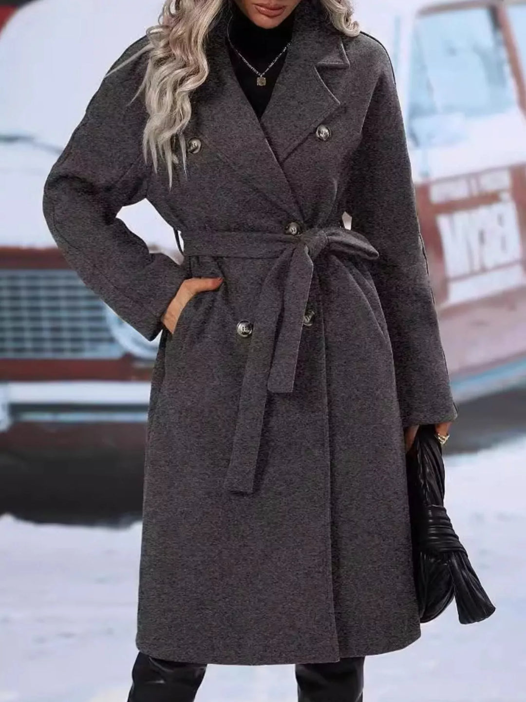 Dark Gray Double-breasted tie-waist long coat with notch lapels