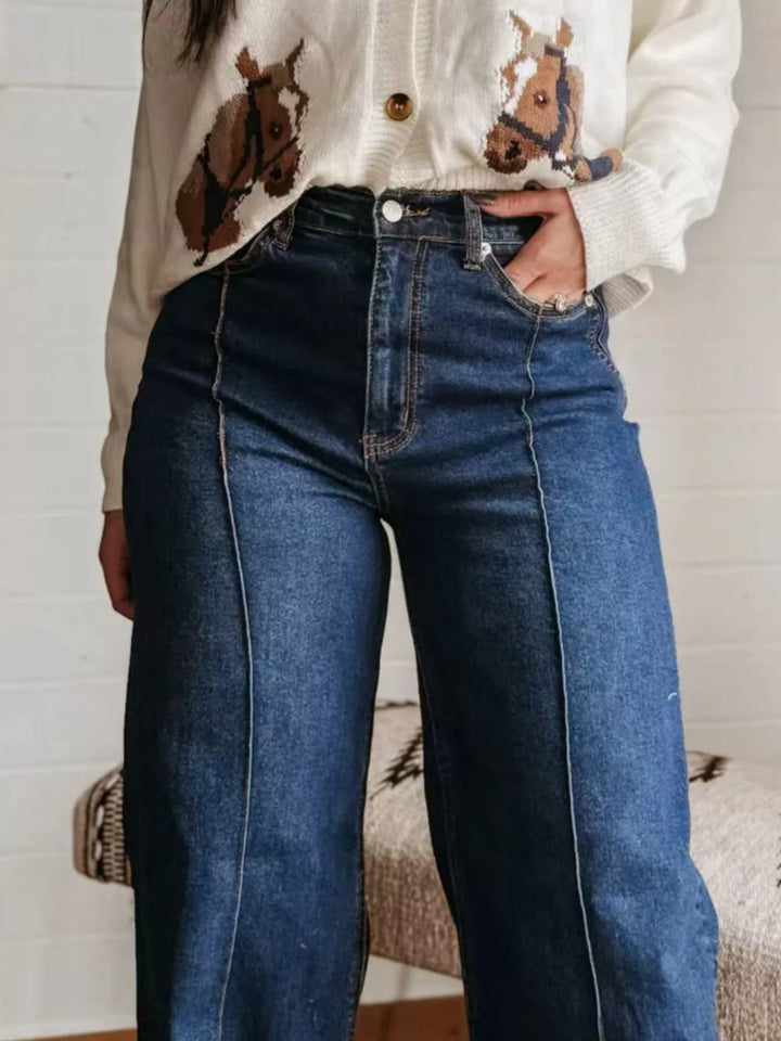High-rise wide leg jeans with center seam and raw hem