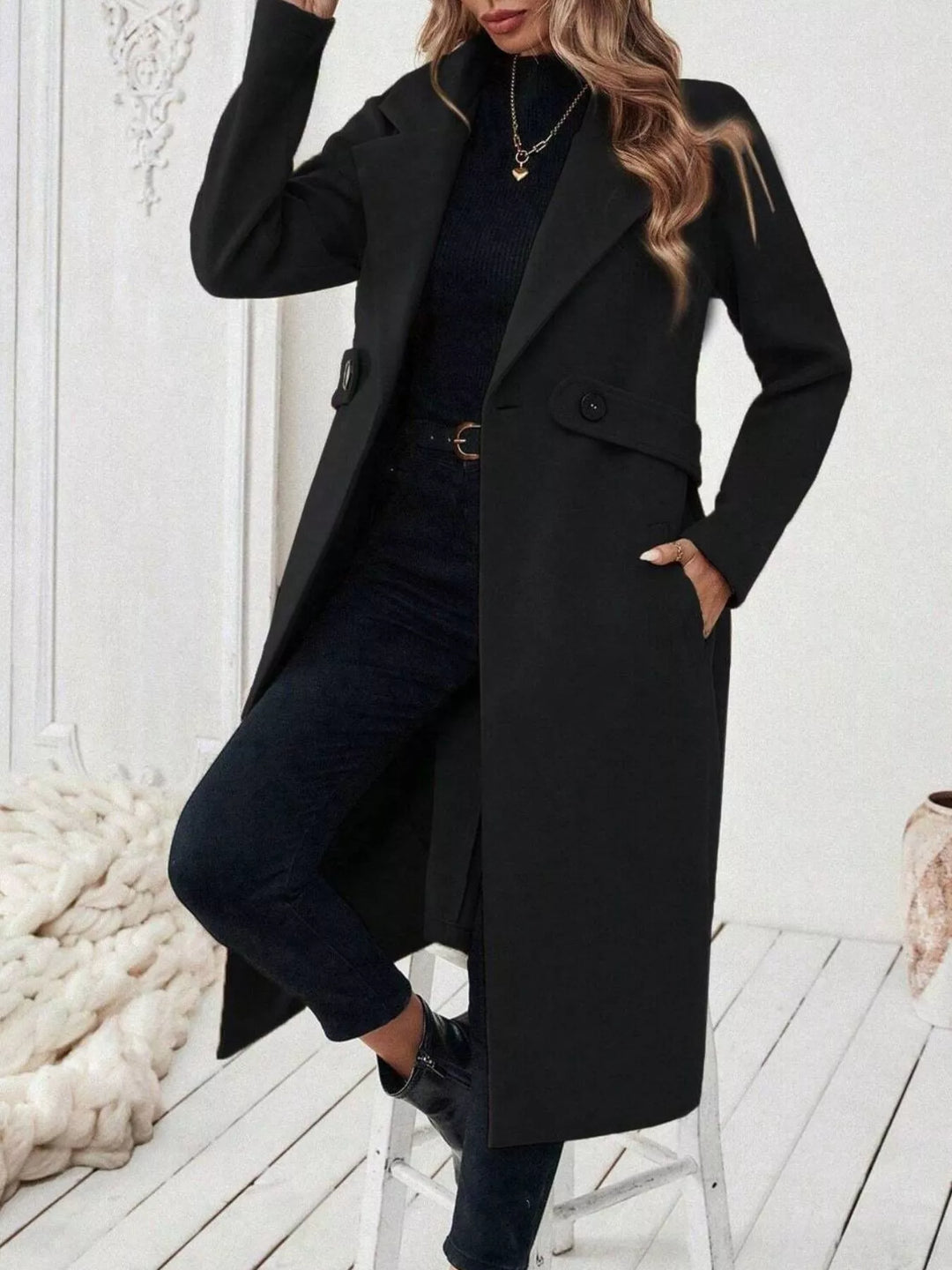 Black Notch lapel open-front longline coat with side pockets