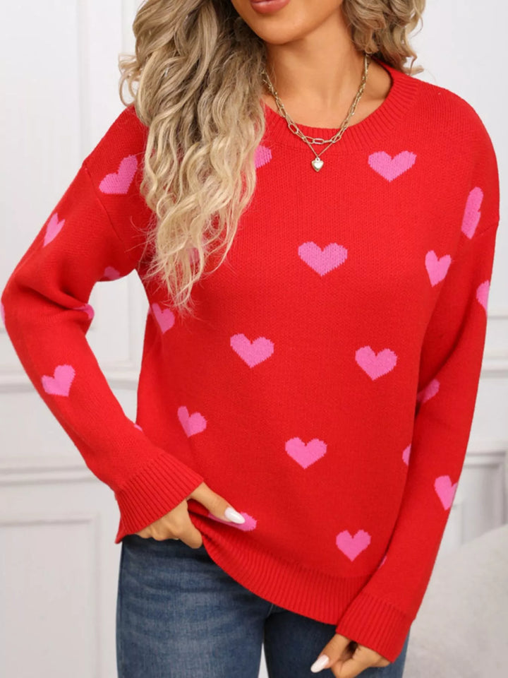 Heart pattern dropped shoulder crew neck sweater