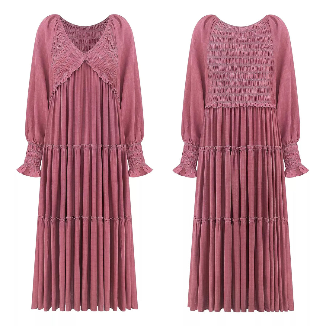 Smocked v-neck tiered maxi dress with long sleeves