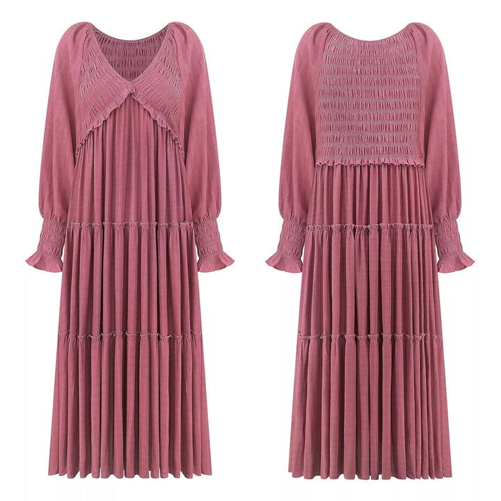 Smocked v-neck tiered maxi dress with long sleeves