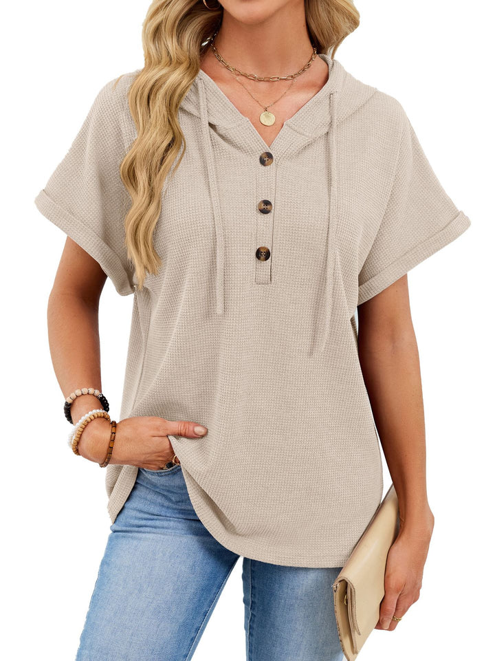 Apricot Waffle knit short-sleeve hoodie with button placket