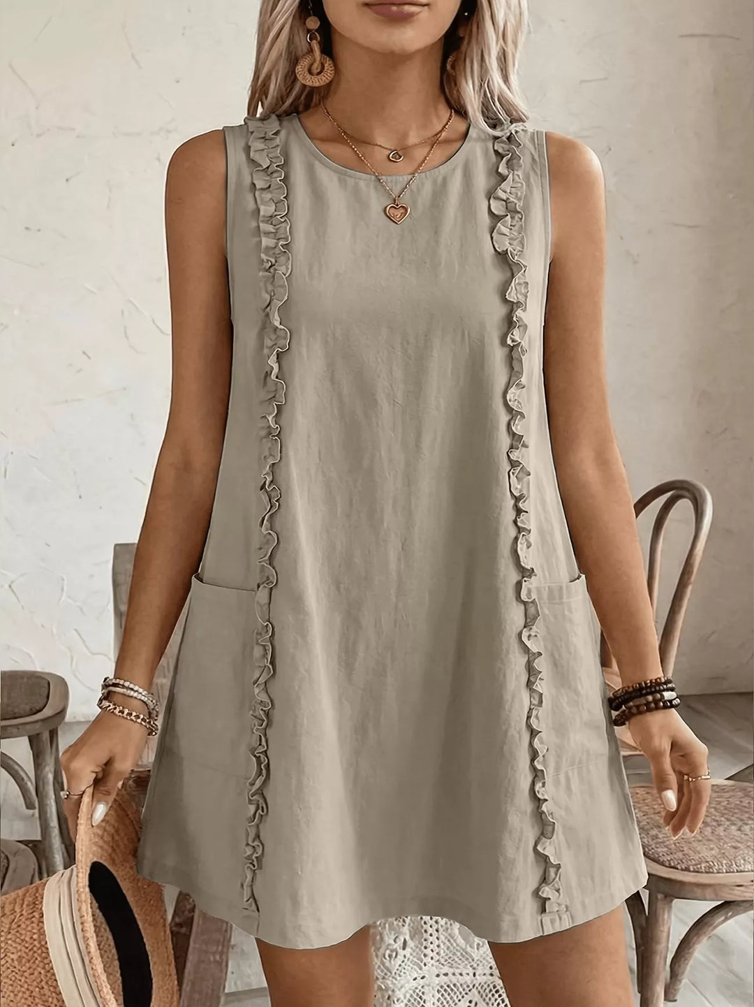 Khaki Ruffle-trim sleeveless mini dress with side pockets