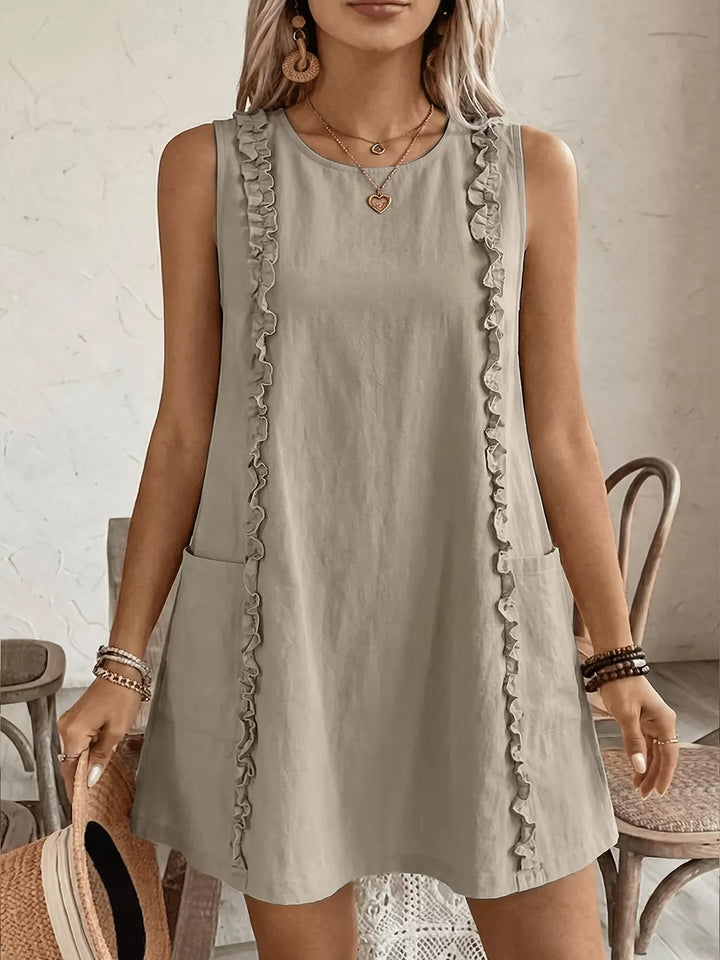 Khaki Ruffle-trim sleeveless mini dress with side pockets