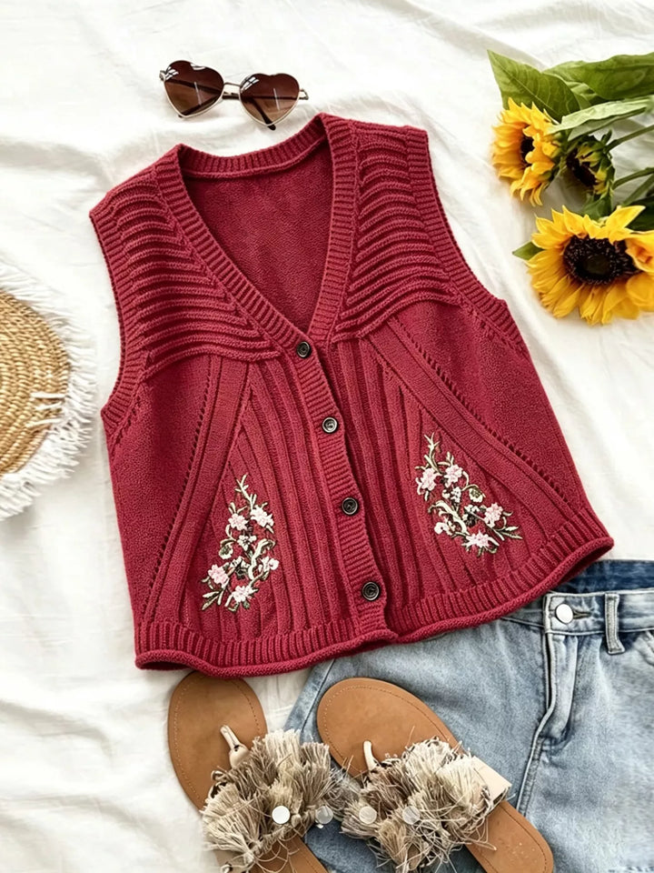 Floral embroidered knit sweater vest with button front