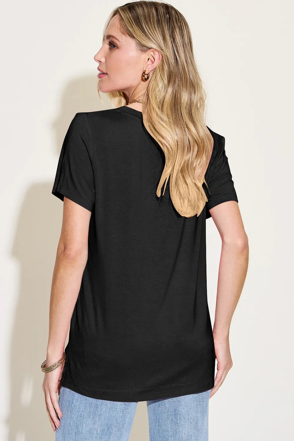 V-neck high-low bamboo tee with side slits